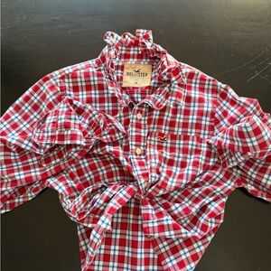 One of a kind upcycled dress shirt with ruffle collar